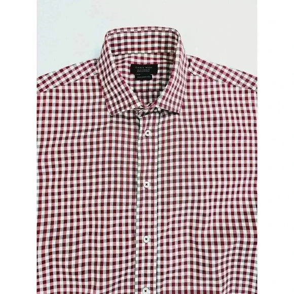 Zara Man Tailored Fit Size 15 Mens Red White Camel Color Spread Collar L/S Shirt - Picture 10 of 10